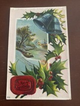 Antique Christmas Post Card Embossed Holly Bells Wintery Home c1900’s #551 - £6.33 GBP