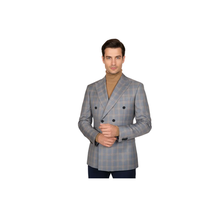 Men's Mono Double Breasted Blazer Super 180s Wool 1523-02 Blue Brown Plaid image 3