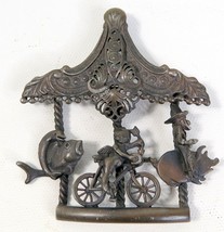 Vintage Pewter Carousel Halloween Brooch Pin Witch Cupid Fish 2 3/4&quot; Tall 2.5&quot; W - £18.22 GBP