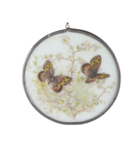 Vtg 50s Leaded Milk Glass Hand Painted Butterfly Floral Window Suncatcher 5.5&#39; - £59.31 GBP