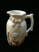 Vintage Small White Ceramic Pitcher w Blue Flowers Brown &amp; Lavenders Gra... - $11.29