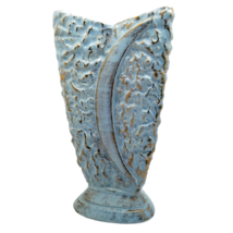 Mid Century Modern Pottery Vase Textured Curved Triangle Blue Gold Crescent Moon - £196.68 GBP