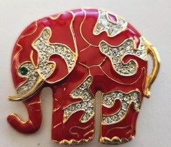 Elephant Brooch Pin Red Enamel Crystal Rhinestones Gold Tone Setting 2&quot; Tall - £23.60 GBP