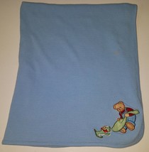 Blue Jean Teddys Bear Waffle Knit Thermal Blanket Dog Baby Boy Lovey SPOT AS IS - $14.80