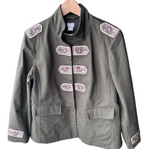Chico&#39;s Beaded Embellished Band Jacket Military Womens sz 2  US 12/14 Olive - £28.28 GBP