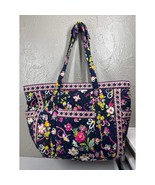 Vera Bradley Ribbons Of Hope Navy Blue XL Tote Floral Butterfly Quilted ... - $42.12 CAD