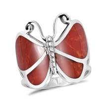 Captivating Butterfly Motif Red Coral Statement Sterling Silver Ring-8 - £18.57 GBP