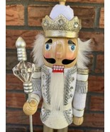 Glam Nutcracker 14&quot; Silver Gold Christmas Decor Glitter White Fur Wood S... - $28.50