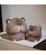 2 Pcs Handmade Wood Carving Chubby Angry Mouse Figurine Cute Desk Decora... - $21.24