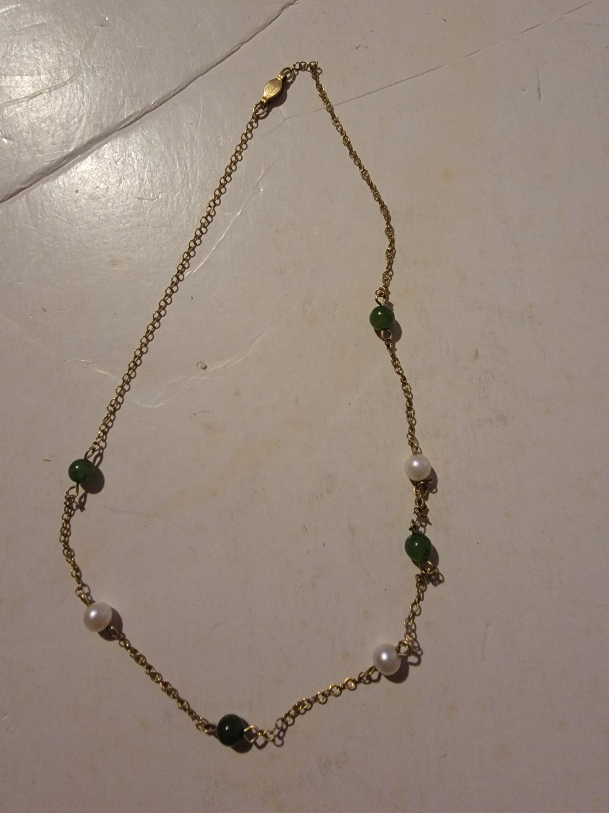 Vintage 12K Yellow Gold Green Gemstone &amp; Pearl Bead Dainty Necklace - £110.29 GBP