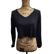 SHEIN Black Ribbed Crop Top Long Sleeve V-Neck Basic Fitted Casual Shirt... - $12.86