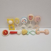 Lot of 8 Vintage Hard Plastic Baby Rattles - Bear, Bunny, Yellow Rose, M... - $29.60