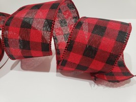 75FT Buffalo Check Plaid Farmhouse Christmas Wired Ribbon 2.5&quot; Red Black 25 yds - £20.56 GBP
