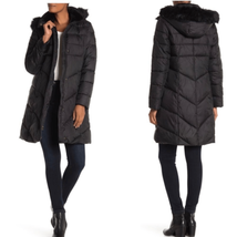 LARRY LEVINE Faux Fur Trim Removable Hooded Long Puff Coat, Black, Small... - £99.73 GBP
