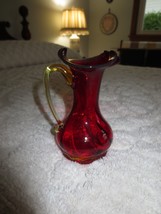 Vintage Cranberry Glass Pitcher w/Clear Handle - 5&quot; Tall - £10.96 GBP