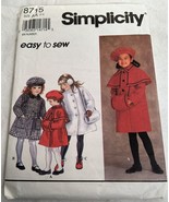 Simplicity 8715 Vintage 90&#39;s Childs Lined Coat,Muff,Hat Sewing Pattern S... - £6.23 GBP