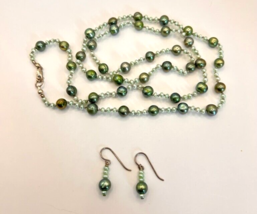 Sterling Silver green Freshwater Pearl Long Single Strand Chain Necklace earring - £43.96 GBP