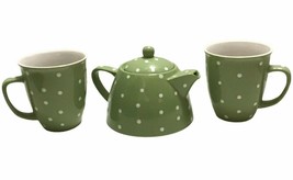 Farmhouse Tea for Two Tea Set Pot with 2 Mugs Green with Polka Dots Boho - £37.08 GBP