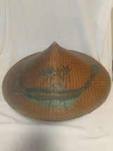Vintage Asian Woven Traditional Straw Hat Rice Paddy Coolie Conical Handmade 19&quot; - £156.82 GBP