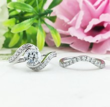 Round Solitaire Engagement Ring Set Bypass Bezel Set Cross Over Wedding Set Ring - £112.75 GBP
