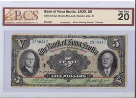 Bank of Nova Scotia,1929 $5 Bill  VF20  B24 - $541.19