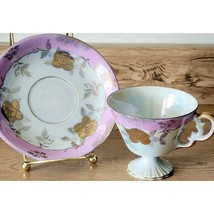 Vintage China Pedestal Tea Cup &amp; Saucer Set Gold Pink Iridescent Very Pr... - $341.56 MXN