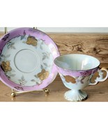 Vintage China Pedestal Tea Cup &amp; Saucer Set Gold Pink Iridescent Very Pr... - $24.59 CAD