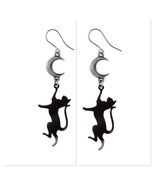 Alchemy Gothic E468 Feline Moondream Earrings Black Cat Silver Moon - $83.56 CAD