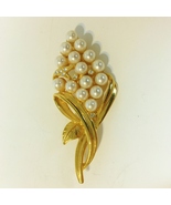 Bouquet Pin Brooch White Faux Pearl Rhinestone Gold Tone Metal Ribbon Bo... - £23.97 GBP