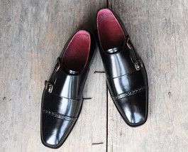 Handmade Men&#39;s Cap Toe Black Double Monk Formal Leather Shoes, Men Dress... - £114.55 GBP+
