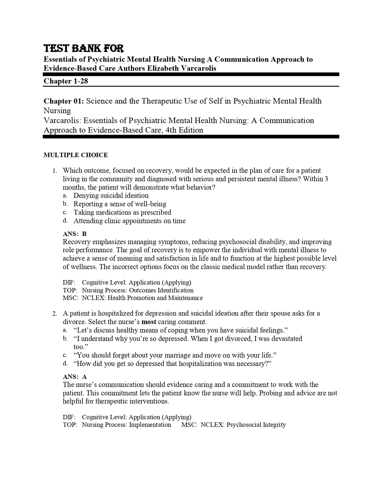Test Bank For Essentials of Psychiatric Mental Health Nursing A Communic... - $17.99