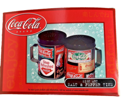 2001 Coca Cola Sign Images Graphic Metal 4&quot; Salt &amp; Pepper Shakers Tins NEW - £9.66 GBP
