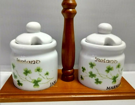 Vintage Ireland Jam &amp; Marmalade Jars w/ Lids Clovers Wooden Stand 2.5&quot; x... - $15.68