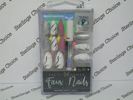 Pretty Woman Faux Nails #PEVMN011 (White/Black Splats, Silver) - $9.84