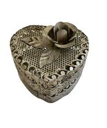 Vintage Heart Trinket Box Silver Tone Pierced Metal Floral Lid Jewelry B... - $29.70