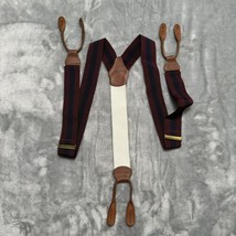 Vintage Brooks Brothers Suspenders Braces  Navy Blue &amp; Red Stripes Leather Gold - £19.46 GBP