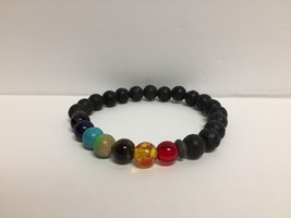 Stone Bead Bracelet Black and Multicolors Beads Stretchy - £5.57 GBP