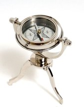 Compass GIMBALED Nautical Tri-stand Tripod Silver Tinted Brass Strip Solid - $119.00