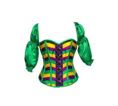 Green Purple and Yellow Striped Satin Puff Sleeves Mardi Gras Costume Corset - £79.11 GBP