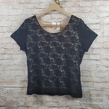 Emma James Womans Top Large Black with Tan Lining Floral Lace Short Sleeve - $9.50