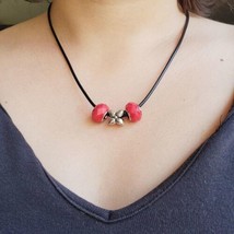 Classic Black Cord Silver Flower Red Bead Necklace - £15.45 GBP