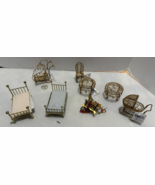 8pc Miniature Dollhouse Gold Metal Furniture Tables, Chairs, Beds, Baby ... - $453.82 MXN
