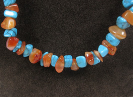 Turquoise And Carnelian Chips Necklace Vintage Gemstone Blue &amp; Rust Beads 24&quot; - £16.66 GBP