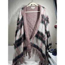Lucky Brand Plaid Pink Gray Cardigan Shawl Fringe Sweater Jacket Size Large - $408.81 MXN