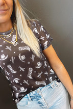 Black Western Pattern Mesh Sheer Crew Neck T Shirt - $6.83
