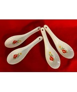 4 Vintage Asian White Soup Rice Spoons Gold Trim Red Flower Design Taiwan - $244.42 MXN