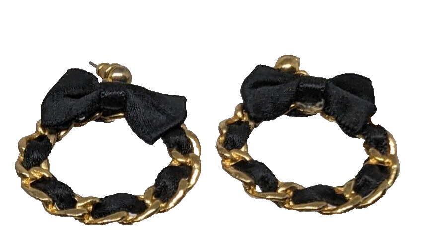 Vintage Circular Gold Tone Earrings Black Wreath Bow Shape Pierced - $19.80