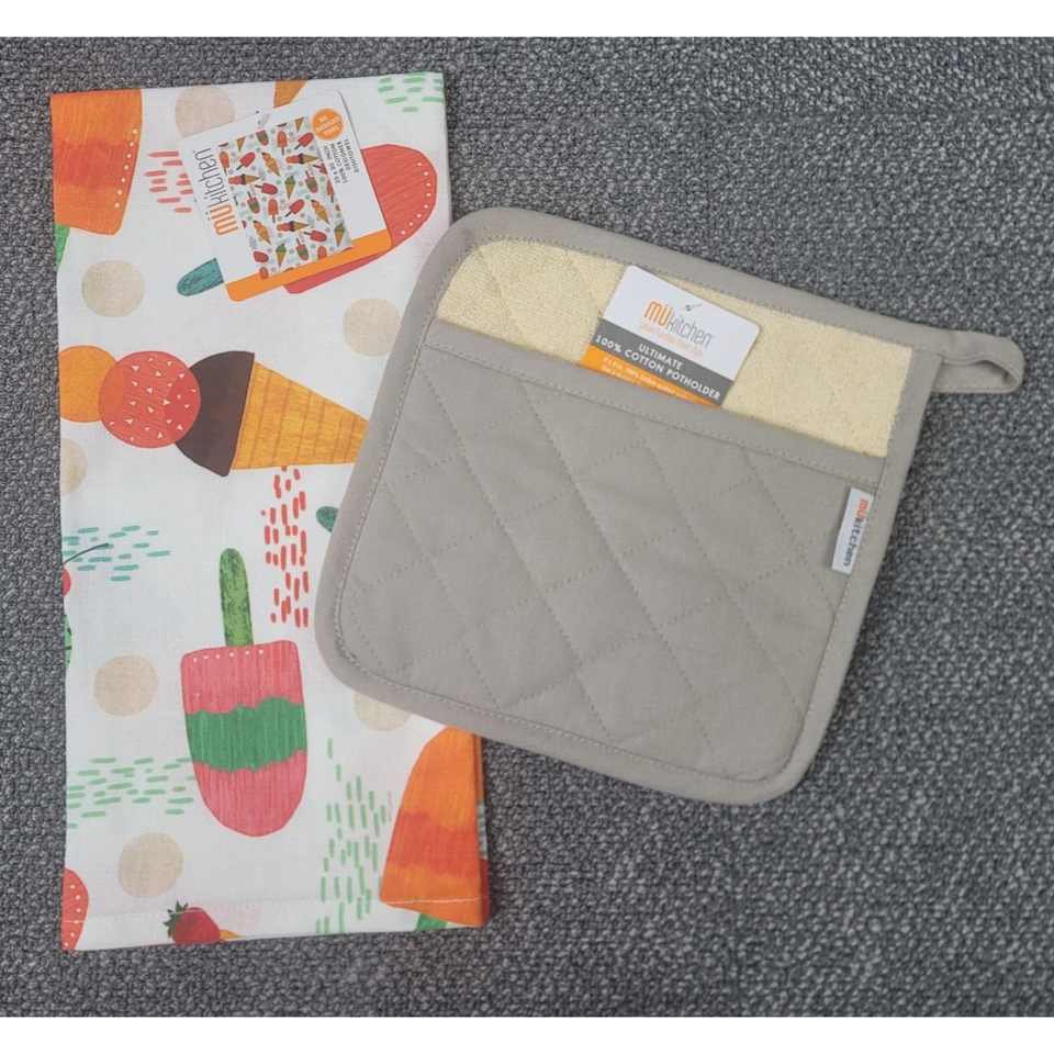 MU Kitchen Oven Mitt Potholder Ice Cream 100% Cotton Terry Lined 2pc Set... - $16.97