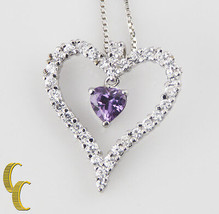 Sterling Silver Heart-Cut Dangling Sapphire in heart Frame Pendant w/ 16&quot; Chain - £273.86 GBP