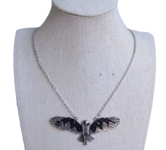 Large Silver Black Night Owl Charm Necklace Wings Spread Stars Moons Statement - £12.65 GBP